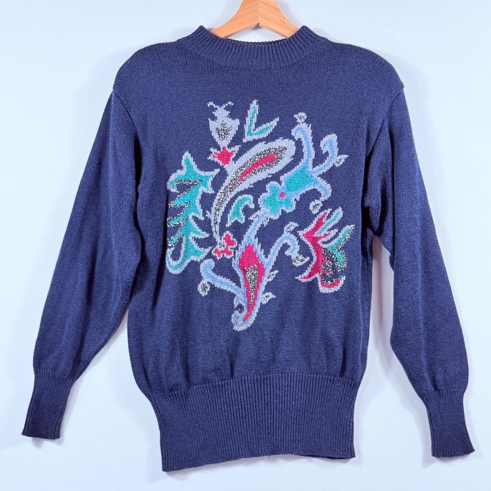 Liz Claiborne Sweater Womens Small Petite Blue Paisley Vintage 80s Grandmacore